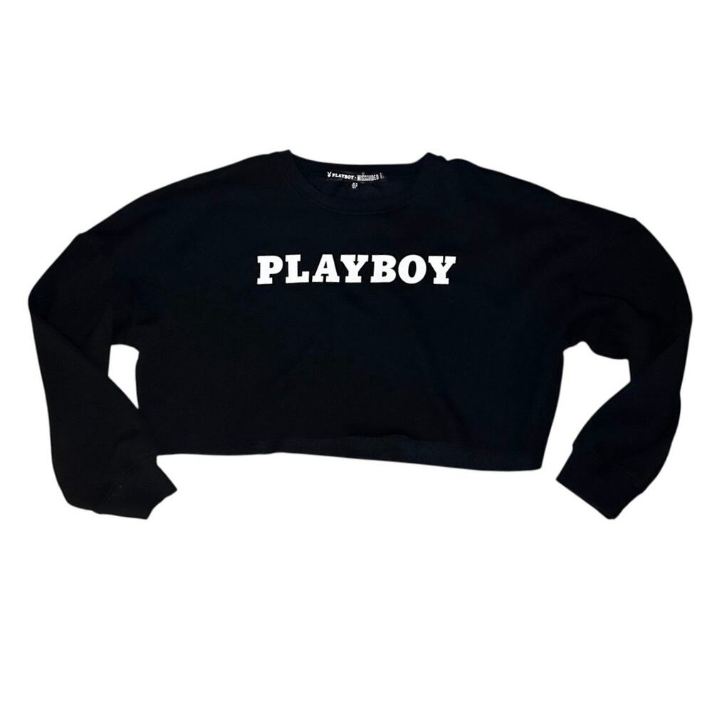 Playboy x Missguided Cropped Black Fleece Pullover Streetwear Gorpcore Y2K US 6
